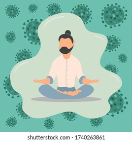 Illustrations flat design of a man sitting with his legs crossed and meditating. Concept of supporting developmental health and brain development at home in quarantine time during COVID-19 pandemics.