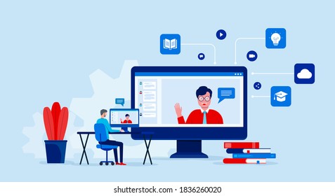 Illustrations flat design online education and learning with video conference and  online meeting working from home concept