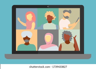 Illustrations flat design of video conference. Concept of multi-diversity people, workplace, laptop screen, group of people talking by internet. Streamg, online meeting friends. Coronavirus, quarantine