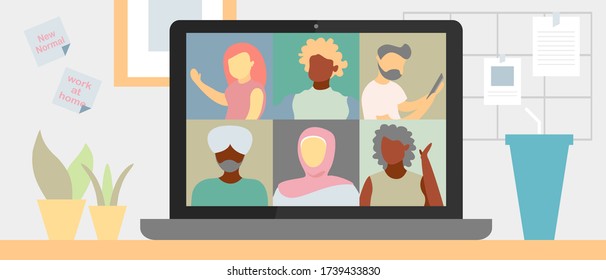 Illustrations flat design of video conference. Concept of multi-diversity people, workplace, laptop screen, group of people talking by internet. Streamg, online meeting friends. Coronavirus, quarantine