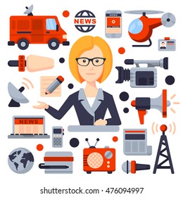 Illustrations of Flat icon set and modern information technology and news release. Journalist, camera, photo, interview, microphone, radio, live broadcast