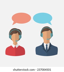 Illustrations flat icons of call center operators with man and woman wearing headsets, people isolated on white background - vector