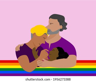 Illustrations flat vectors of LGBTQ couples holding hands with their children.