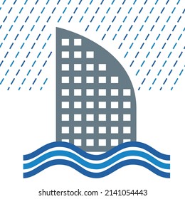 Illustrations of floods, heavy rains and floods in commercial buildings, silhouettes, non-life insurance natural disaster images