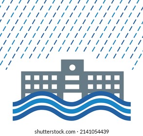 Illustrations of floods and heavy rains and floods in schools and commercial buildings Icon silhouette Non-life insurance Natural disaster image