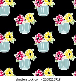 Illustrations of Floral in Jars Seamless Pattern Vector 