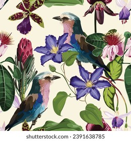 Illustrations of flower, plant, floral pattern, leaves, bird, exotic flowers for greeting card, flyer or frame. Lilac breasted Roller bird. Trendy floral seamless pattern print.