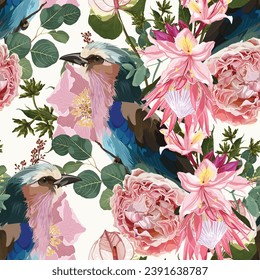 Illustrations of flower, plant, floral pattern, leaves, bird, pink flowers for greeting card, flyer or frame. Lilac breasted Roller bird. Trendy floral seamless pattern print.