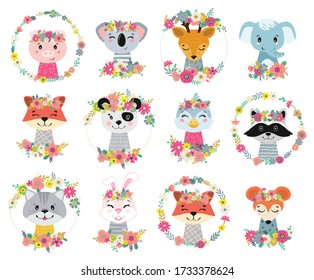Ilustraciones con flores y animales. Decoración infantil vectorial. Ilustración de fondo para los niños.