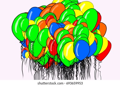 Illustrations of flying balloons. Good for web page, wallpaper, graphic design, catalog, texture or background. Also for birthday party or celebrations. Cartoon style vector graphic.