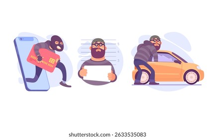Ilustraciones centradas en el robo cibernético y el robo de automóviles que destacan diversos aspectos y temas