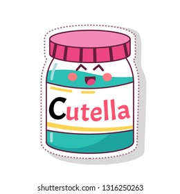 Illustrations of food in the chocolate jam paste in bottle. Kawaii vector isolated on white for greeting card. post card. flyer. print, banner, sticker, poster, postcard, patches, badges