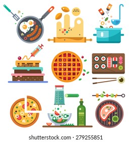 Illustrations of food in the cooking process.  The whole range of food - fried, boiled, vegetarian, national. Healthy eating, diet and fast food.
Vector flat illustration
