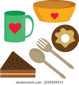 Illustrations of food, cutlery and dishes, including cakes, donuts, green glasses and bowls