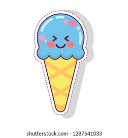 Illustrations of food in the shape of a cone chocolate ice cream. Kawaii vector isolated on white for greeting card. post card. flayer. print, banner, sticker