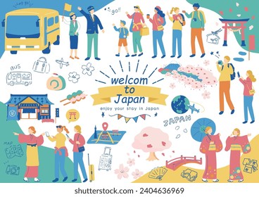 Illustrations of foreigners enjoying sightseeing in Japan