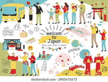 Illustrations of foreigners enjoying sightseeing in Japan