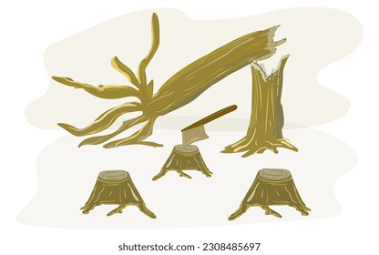Illustrations forests, trees, and nature. Environmental concepts deforestation, pollution, and preservation. Global warming and climate change themes related