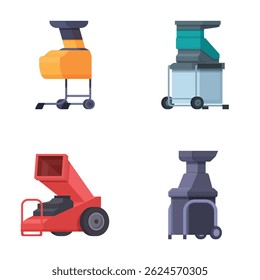 Illustrations of four colorful, cartoonstyle forklifts, isolated on a white background, suitable for logistic themes