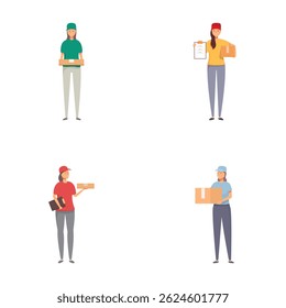 Ilustrações de quatro entregadores com embalagens, prancheta e saco postal
