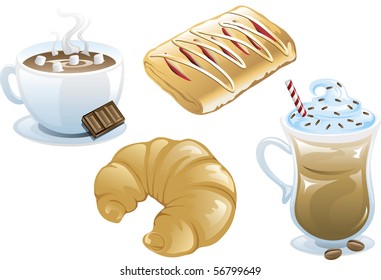 Illustrations of four different cafe food icons, iced coffee, hot chocolate, danish and a croissant.