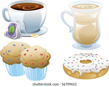 Illustrations of four different cafe food icons, iced coffee, tea, muffins and a doughnut.