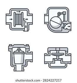 Illustrations of four distinct plumbing components including a coil valve a float valve a pressure reducing valve and a diaphragm valve