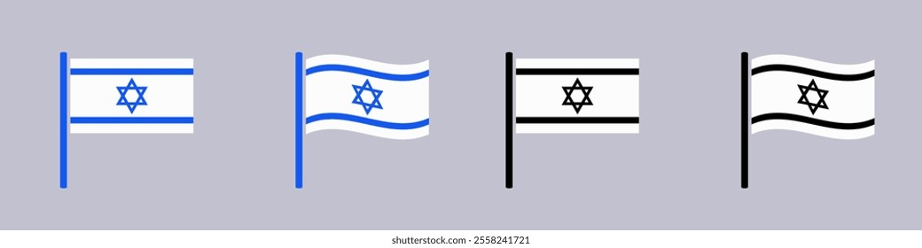 Illustrations of four israeli flags with different colors and designs featuring the star of david.