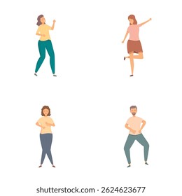 Illustrations of four joyful individuals dancing in different postures