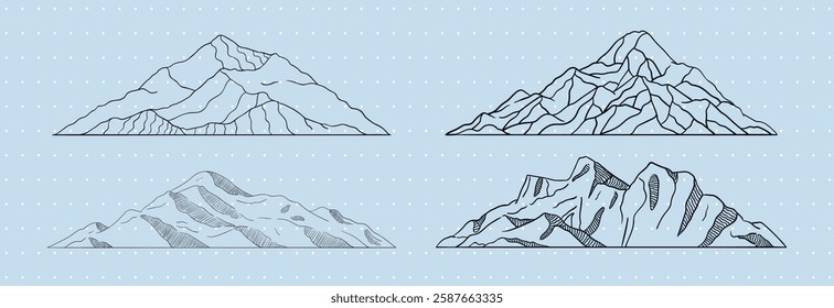 Illustrations of four mountain ranges with detailed linework on a light blue background. Each mountain range is unique, showcasing different peaks and ridges. Nature elements, vector set.