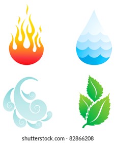 Illustrations of four natural elements of fire, water, wind and plants