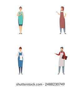 Illustrations of four professionals including a barista, chef, waiter, and baker