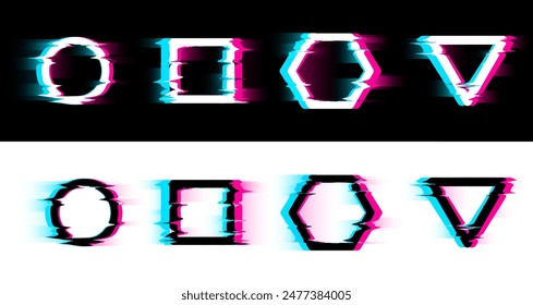 Illustrations with frame errors. A set of geometric shapes demonstrating digital pixel noise and lighting effects, symbolizing television signal problems and abstract data attenuation.