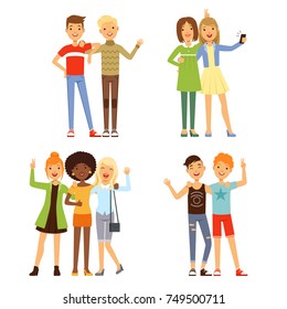 Illustrations of friendship. Different male and female friends. Friendly groups people together, young different friends character vector