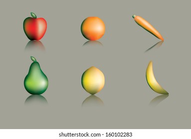 Illustrations of fruit and vegetables on a shiny surface.