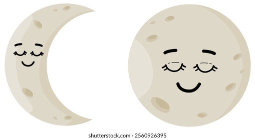 Illustrations of a full moon and crescent moon in a cartoon style.