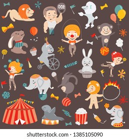 Illustrations of funny circus characters. Presentation, show and magic. Template vector graphics.