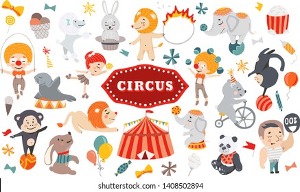 Illustrations of funny circus characters. Presentation, show and magic. Template vector graphics.