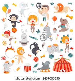 Illustrations of funny circus characters. Presentation, show and magic. Template vector graphics.