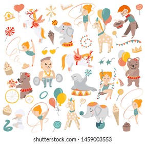 Illustrations of funny circus characters. Presentation, show and magic. Template vector graphics.