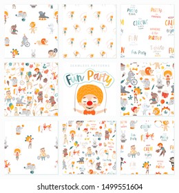 Illustrations of funny circus characters. Presentation, show and magic. Template vector graphics. Seamless patterns.