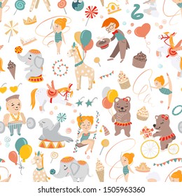 Illustrations of funny circus characters. Presentation, show and magic. Template vector graphics. Seamless pattern.