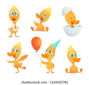 Illustrations of funny duck. Vector cartoon animals in action poses. Duck bird pose, yellow character duckling collection
