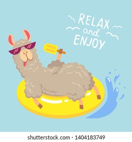 Illustrations of a funny llama in the rubber ring and with ice cream. Lama in glasses with calligraphy relax and enjoy