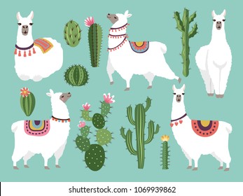 Illustrations of funny llama. Vector animal in flat style