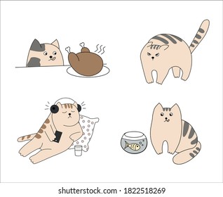 Illustrations of funny tabby cats. Everyone has different emotions and actions. Fluffies are fishing, wanting to eat chicken, listening to music and relaxing.
