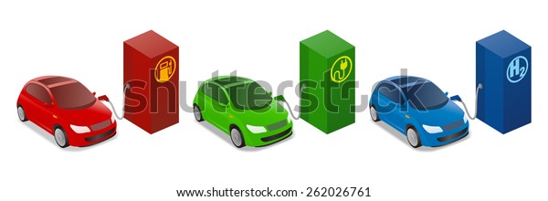 Illustrations of Gasoline Powered vehicle,\
Electric vehicle, Fuel cell\
vehicle