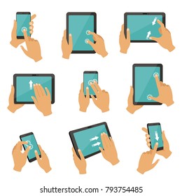 Illustrations of gestures to control different devices tablets and smartphones. Finger gesture touch tablet screen, multitouch collection vector