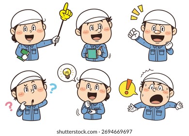 Ilustraciones de gestos y posturas de los trabajadores que trabajan en las fábricas y en el lugar