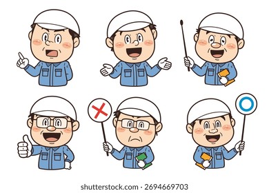 Illustrations of gestures and poses of workers working in factories and on-site
